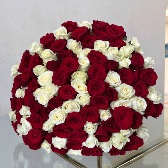 101 красная и белая роза микс в Приморском