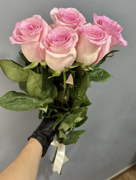 5 розовых роз, лента (Импортные) в Приморском