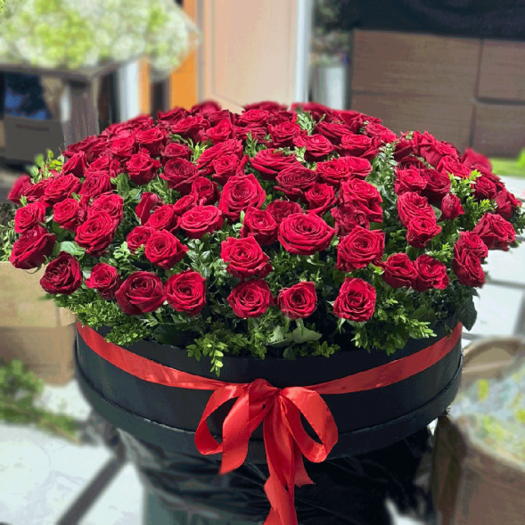 101 красная роза в шляпной коробке в Приморском